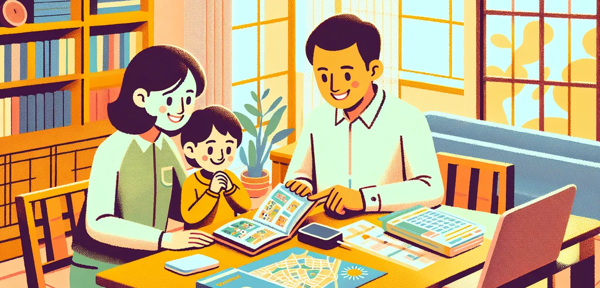 Japanese family planning summer vacation together at a table with guidebooks, laptop, and calendar, 