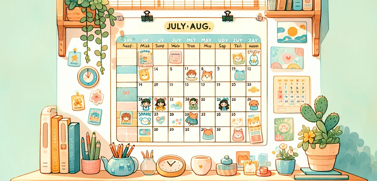 A wide monthly calendar for July and August pinned on a Japanese family's kitchen wall, with colorfu