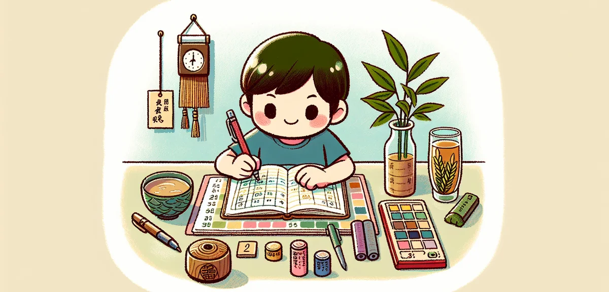 A Japanese child writing a weekly plan in a notebook with colored pens, a small clock and glass of b
