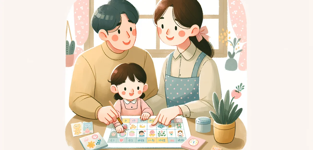 A Japanese parent and young child (lower elementary) sitting together at a table creating a daily sc