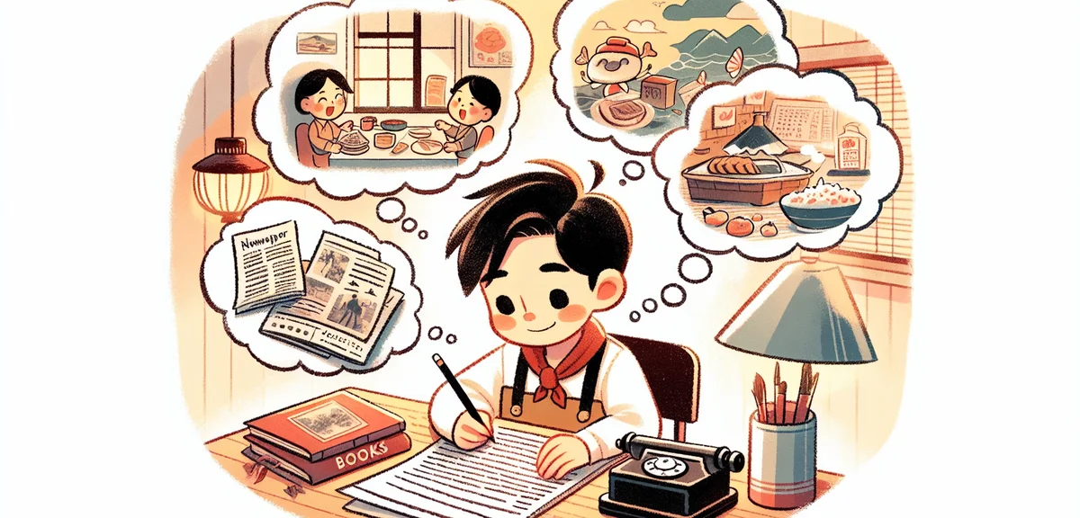 A young Japanese elementary school child sitting at a desk brainstorming ideas for a newspaper, thou