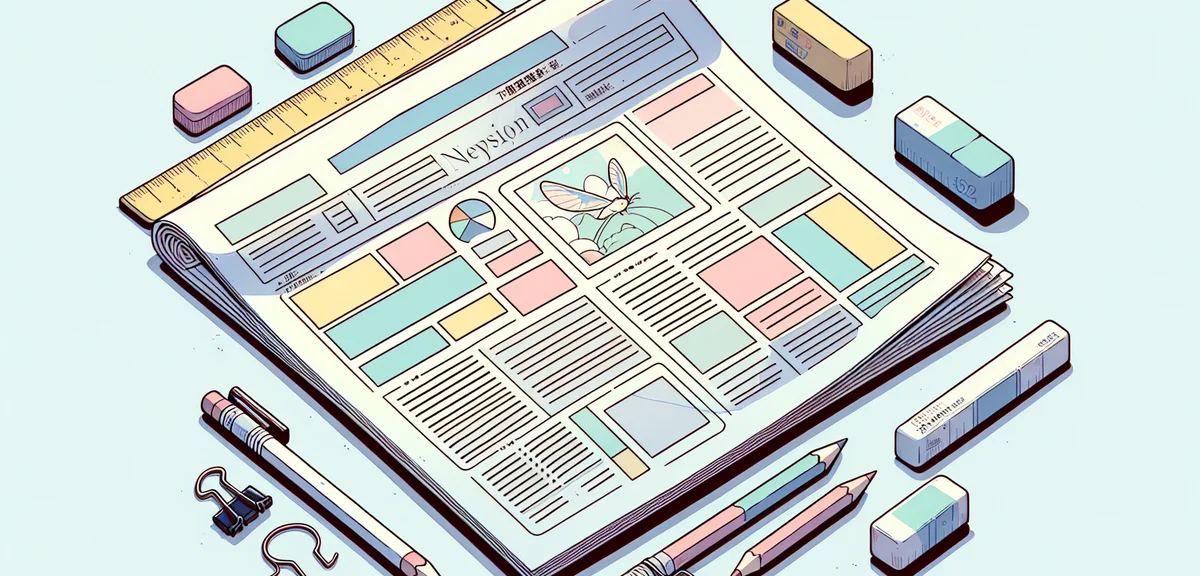 A hand-drawn newspaper layout template on a large white sheet with pencil lines dividing sections, r