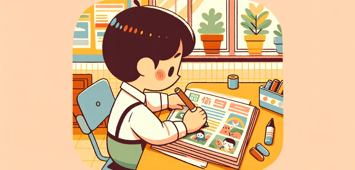 A Japanese elementary school student carefully writing headlines with a thick marker on a handmade n