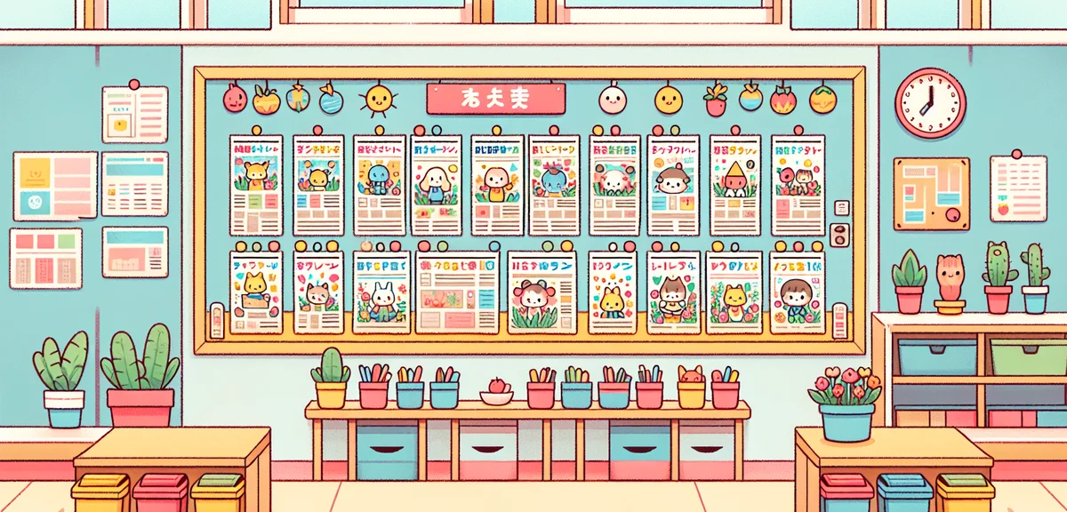 Several completed handmade newspapers by elementary school students displayed on a classroom bulleti