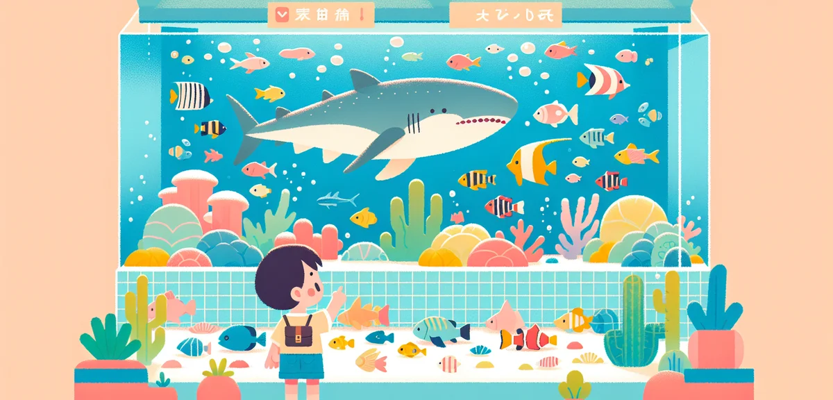A Japanese elementary school child excitedly observing marine life at a large aquarium tank, colorfu