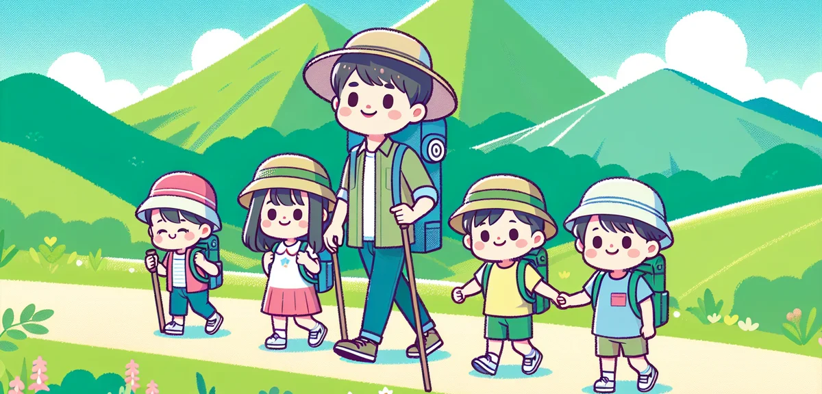 A Japanese family hiking together on a beautiful green mountain trail in Nagano during summer, child