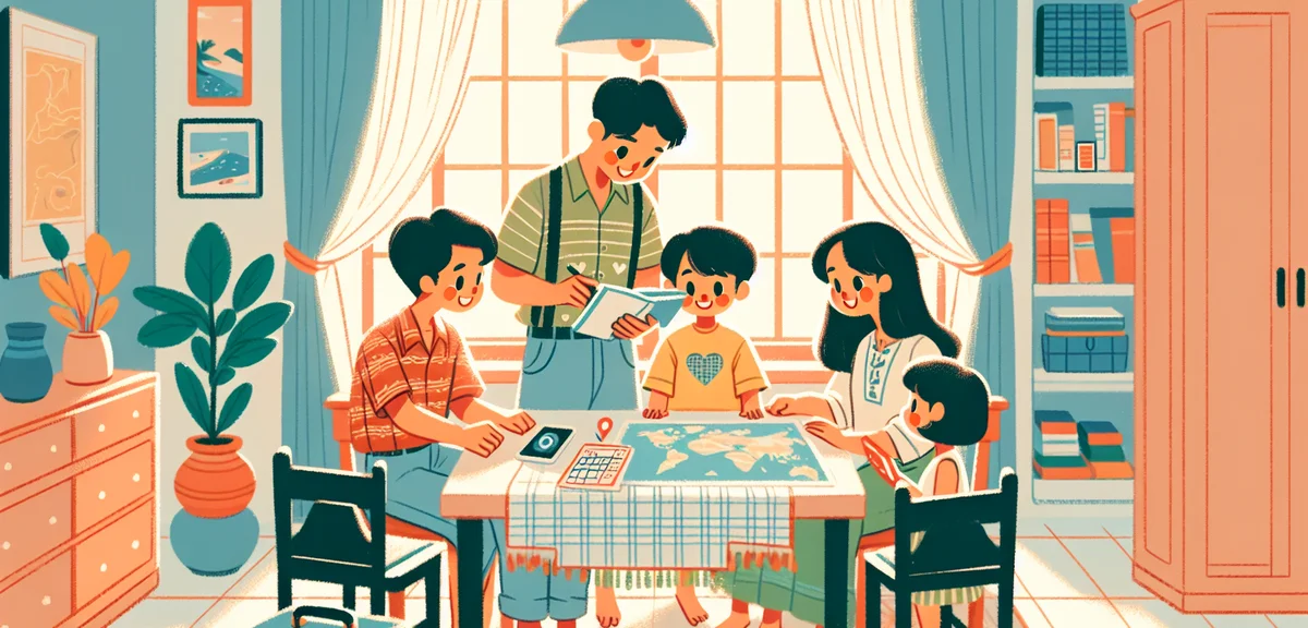 A Japanese family gathered around a table planning a trip, map spread out, calendar, notebook, warm