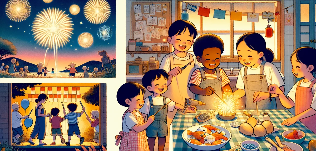 A cheerful watercolor illustration of elementary school children enjoying summer activities, sparkle