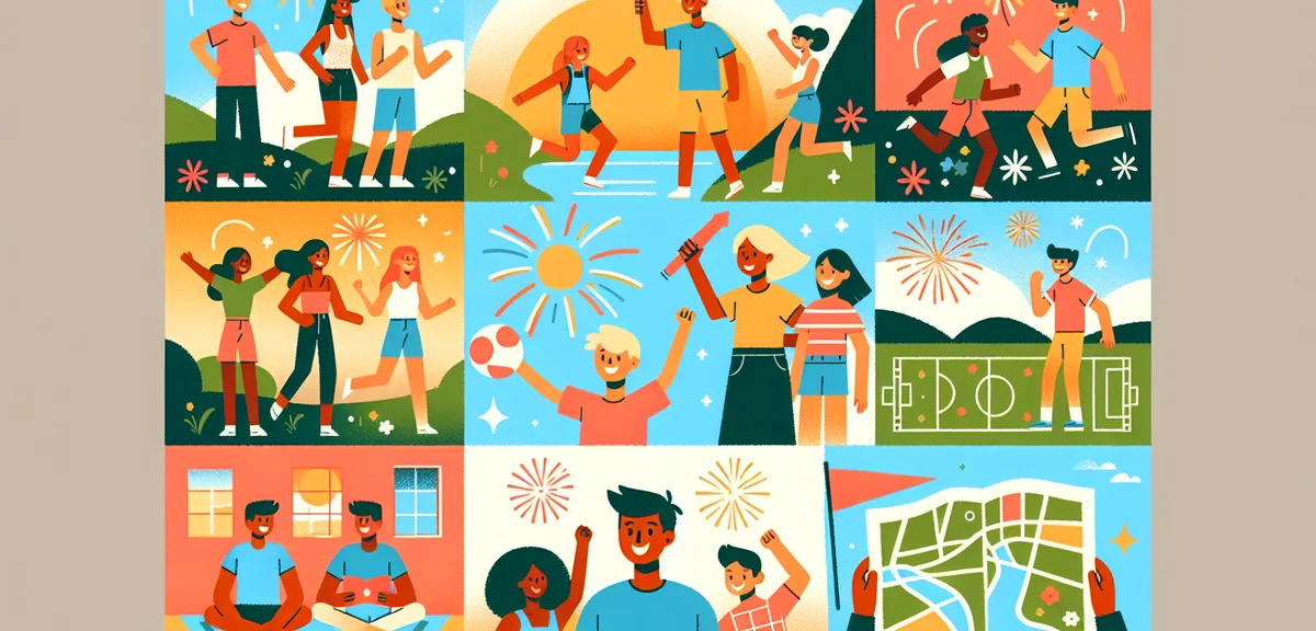 An illustration of teenagers enjoying summer break activities, watching fireworks on a hilltop, play