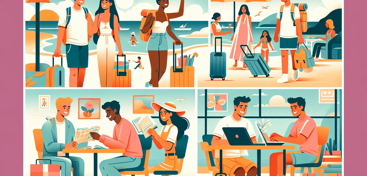 An illustration of university students enjoying summer freedom, backpacking travel with luggage, stu