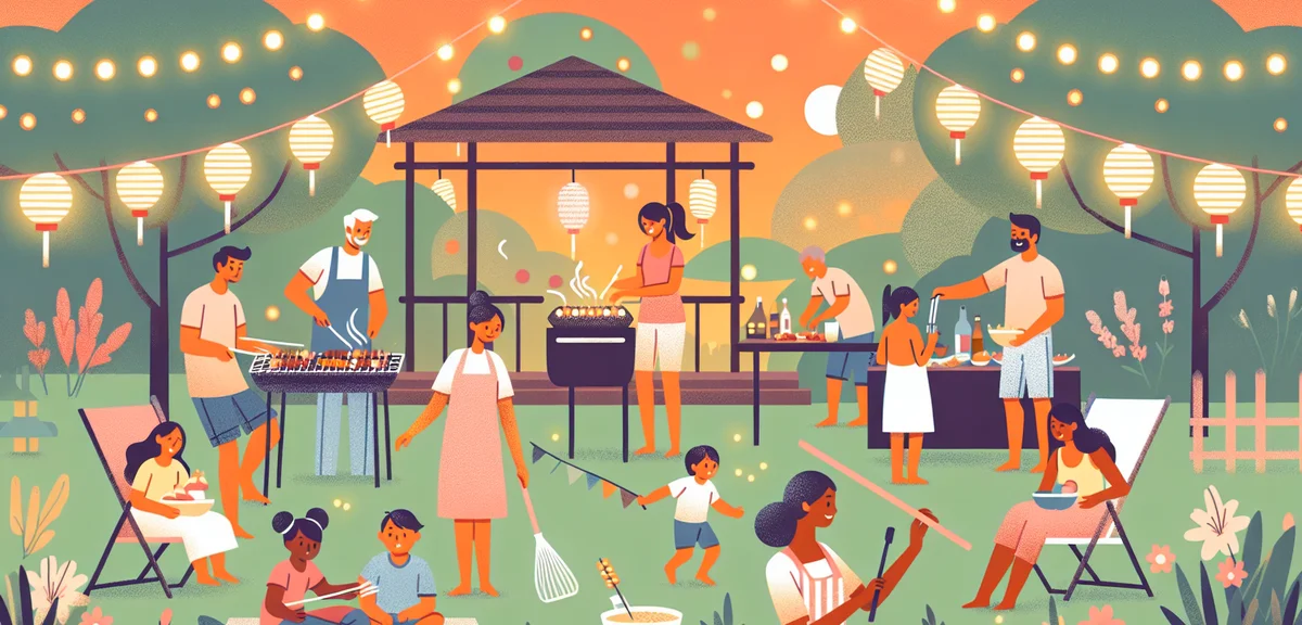 A warm illustration of adults and families enjoying summer, having a barbecue in a garden, visiting