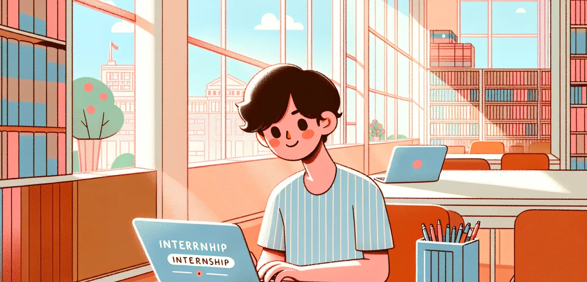 A Japanese university student sitting at a laptop in a bright university library, researching intern