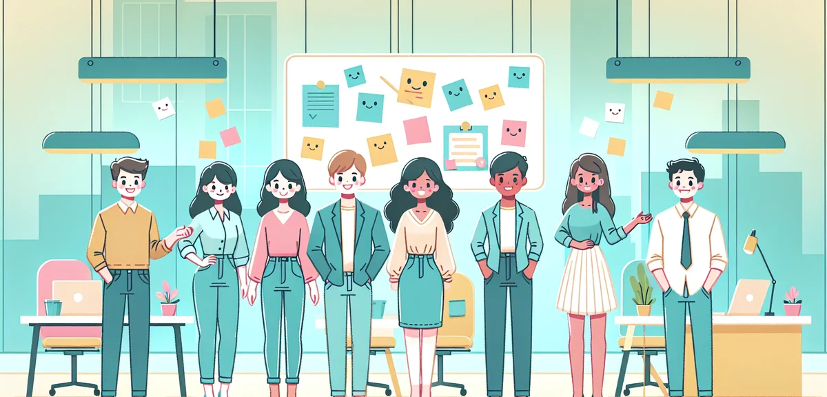 A group of young Japanese interns in business casual attending a meeting in a modern startup office