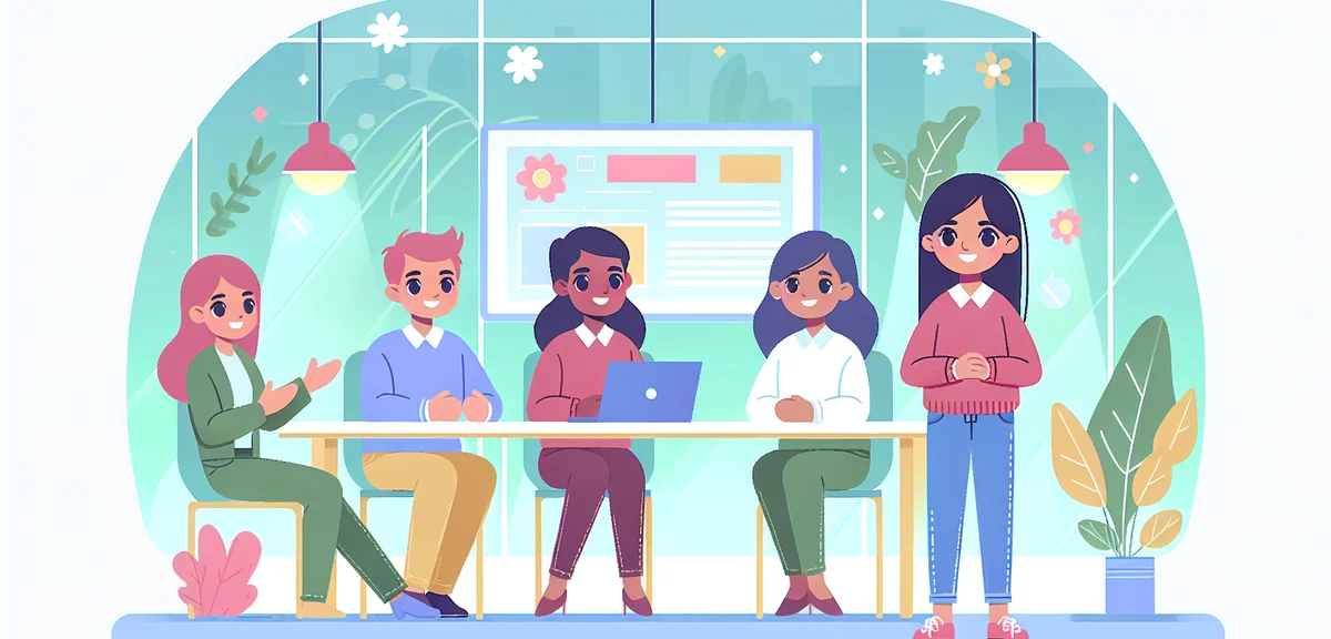 A Japanese university student presenting a project to colleagues in a bright conference room during