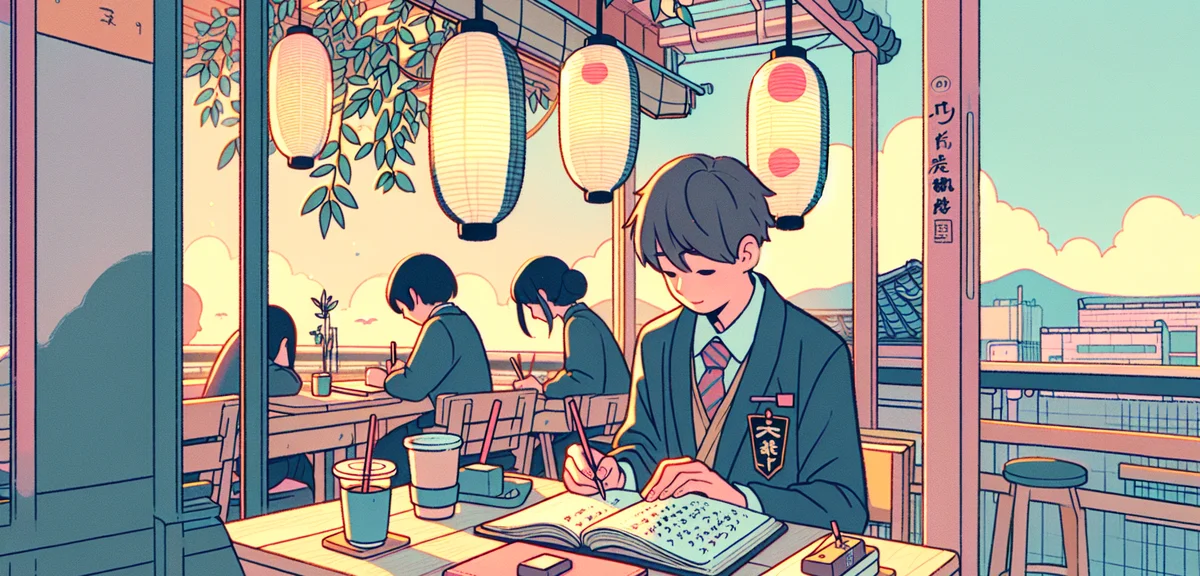 A Japanese university student writing notes in a reflection journal at a cafe after an internship da