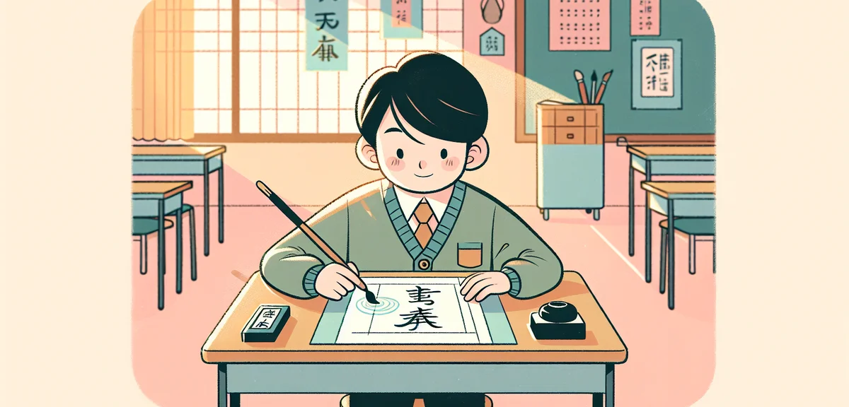 A young Japanese elementary school student sitting in correct posture at a low desk practicing calli