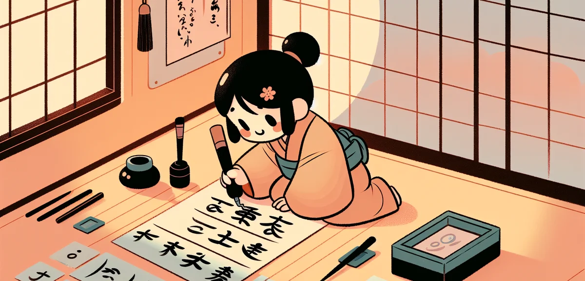 A Japanese child carefully comparing their calligraphy work side by side with a printed otehon (mode