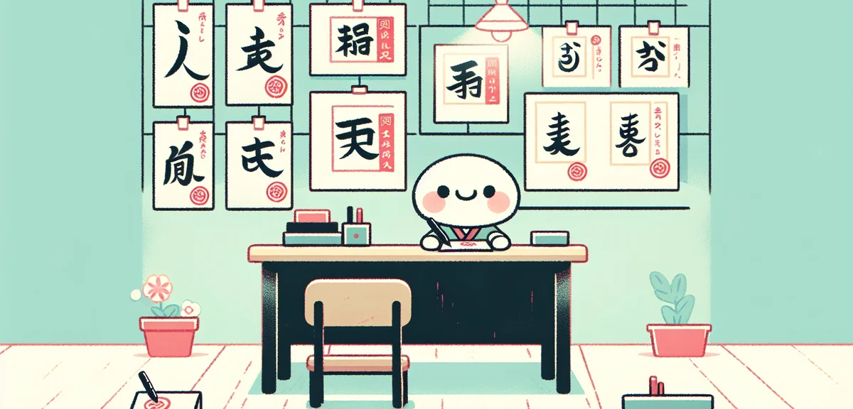 Several completed Japanese calligraphy works displayed on a classroom wall for a summer contest exhi