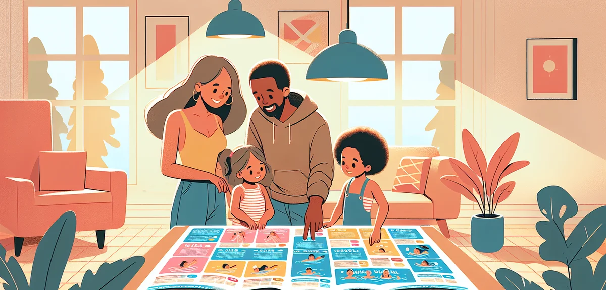 A comparison chart concept showing different swimming school options, parents and children looking a