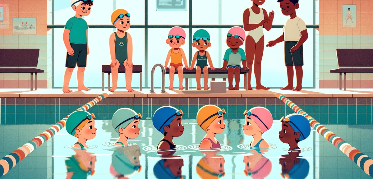 Children wearing colorful swim caps and goggles lined up at the edge of an indoor swimming pool, an