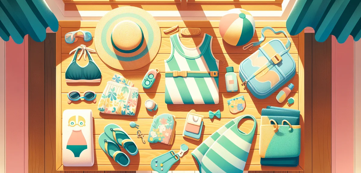 A neatly arranged set of children's swimming gear on a wooden table: swim cap, goggles, towel, swims