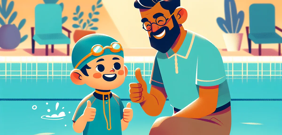 A happy child giving thumbs up after a swimming lesson in a pool, wearing a swim cap and goggles on