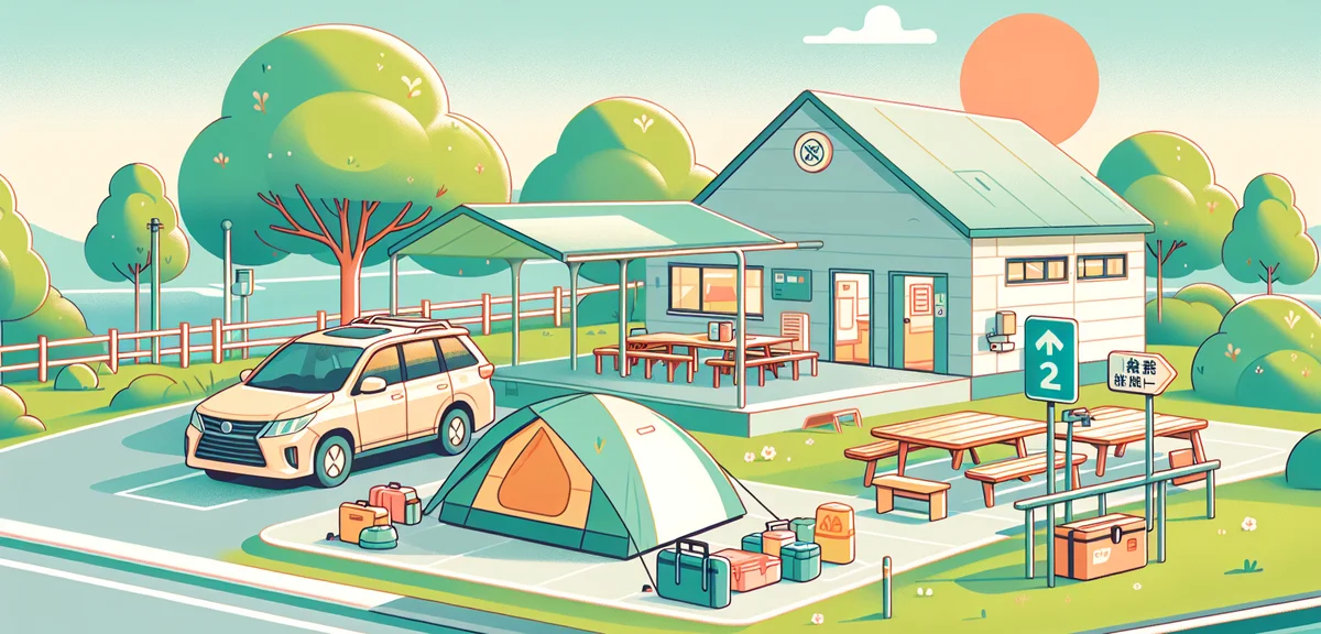 A well-maintained Japanese auto-camping site with a car parked next to a large two-room tent, picnic
