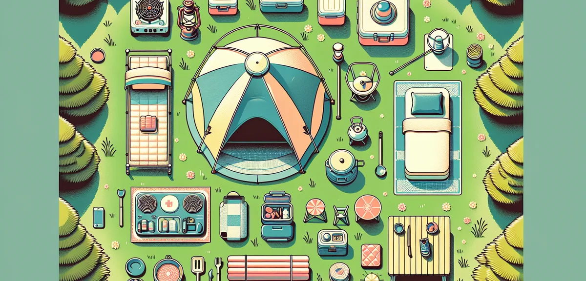 Organized camping gear laid out neatly on grass: dome tent, sleeping bags, camping mat, LED lantern,