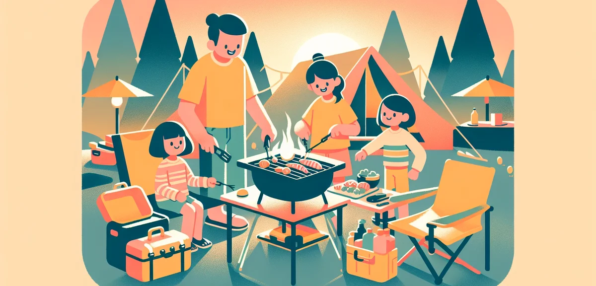 A Japanese family cooking together at a campsite BBQ grill, father and children grilling vegetables 
