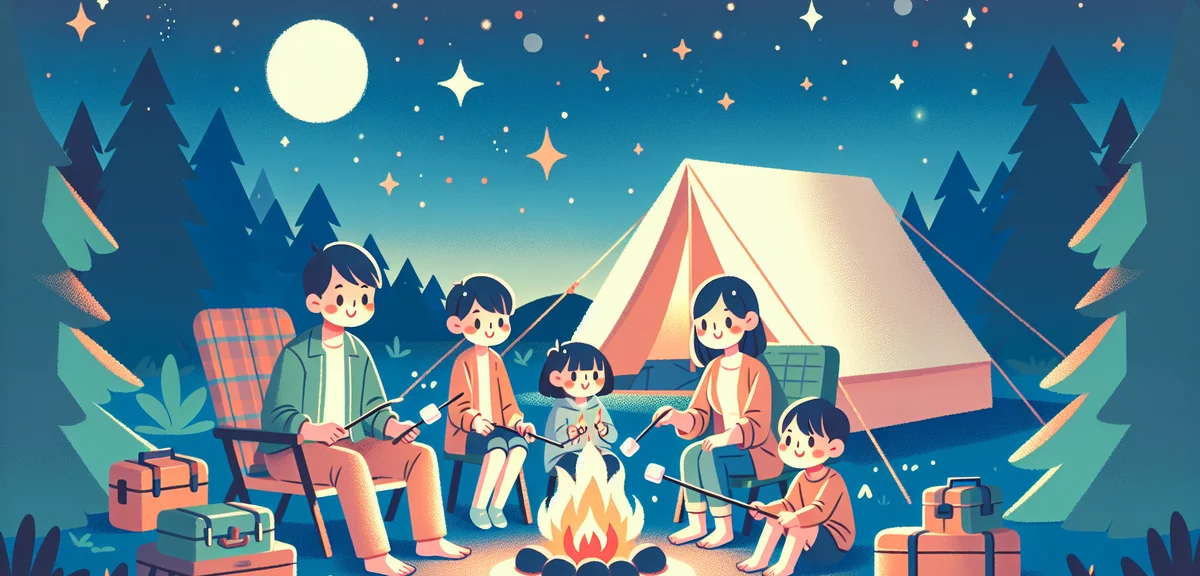 A Japanese family sitting around a campfire at night, roasting marshmallows, starry sky above, tent 