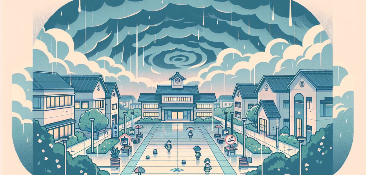 A dramatic scene of a Japanese school area during severe weather, heavy rain and dark clouds, typhoo