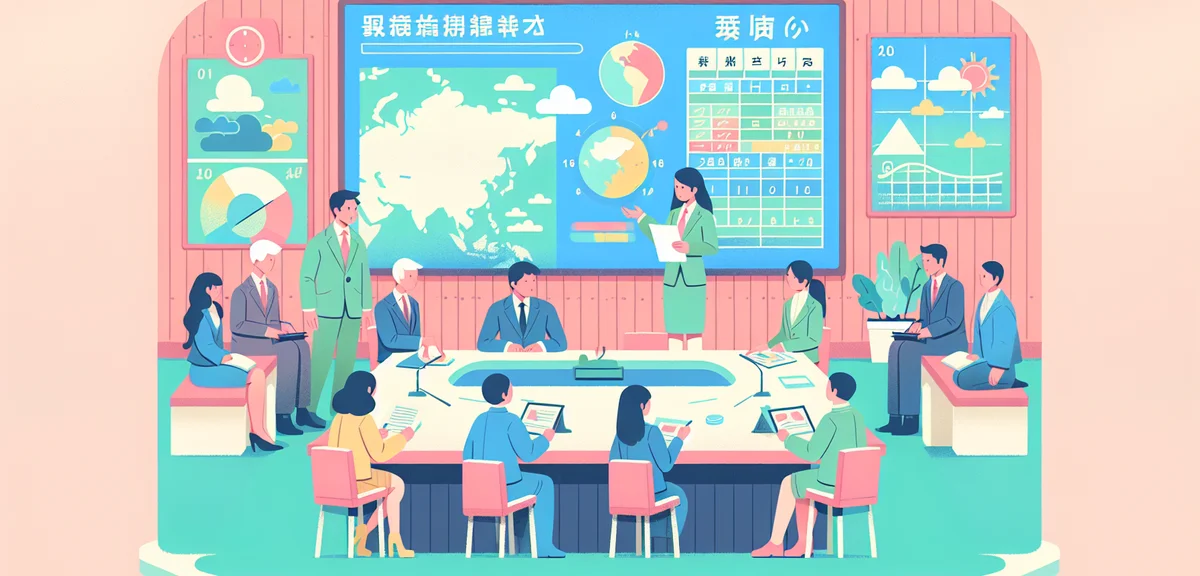 A Japanese municipal office meeting room where education board officials are reviewing weather maps 