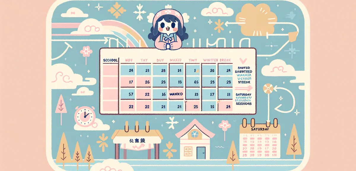 A Japanese school calendar showing winter break shortened and Saturday school sessions marked, with 