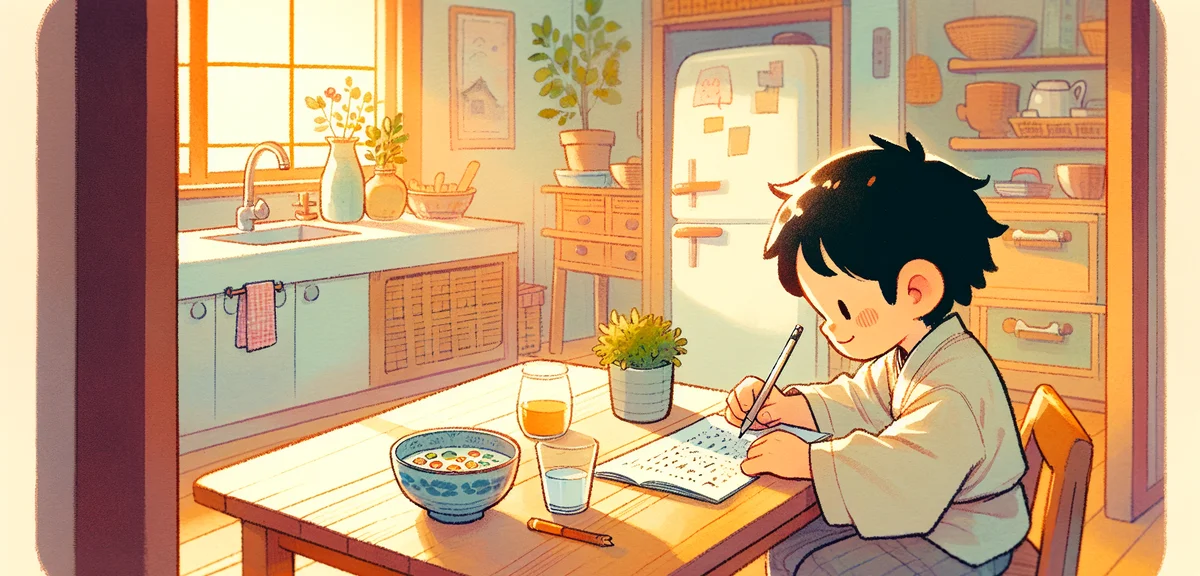A Japanese child sitting at a kitchen table writing a diary after breakfast, morning light, cereal b