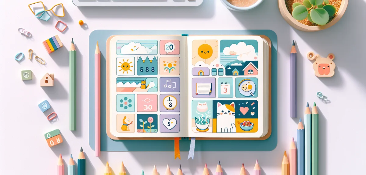 A notebook open to a diary page with neat handwriting and small illustrations of weather icons, a pe