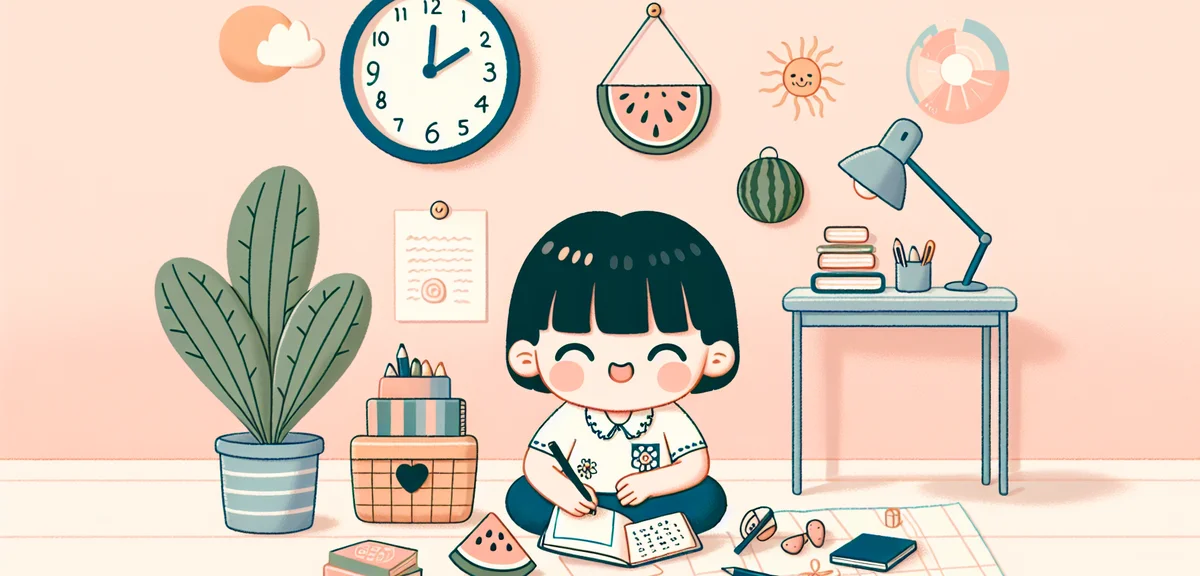 A Japanese elementary school student lying on the floor writing a diary with a clock showing evening