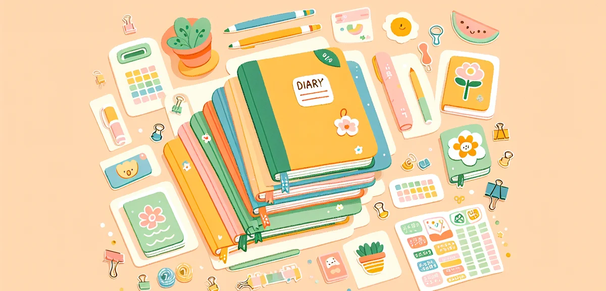 Multiple diary notebooks stacked with colorful covers and bookmarks, some pages open showing handwri