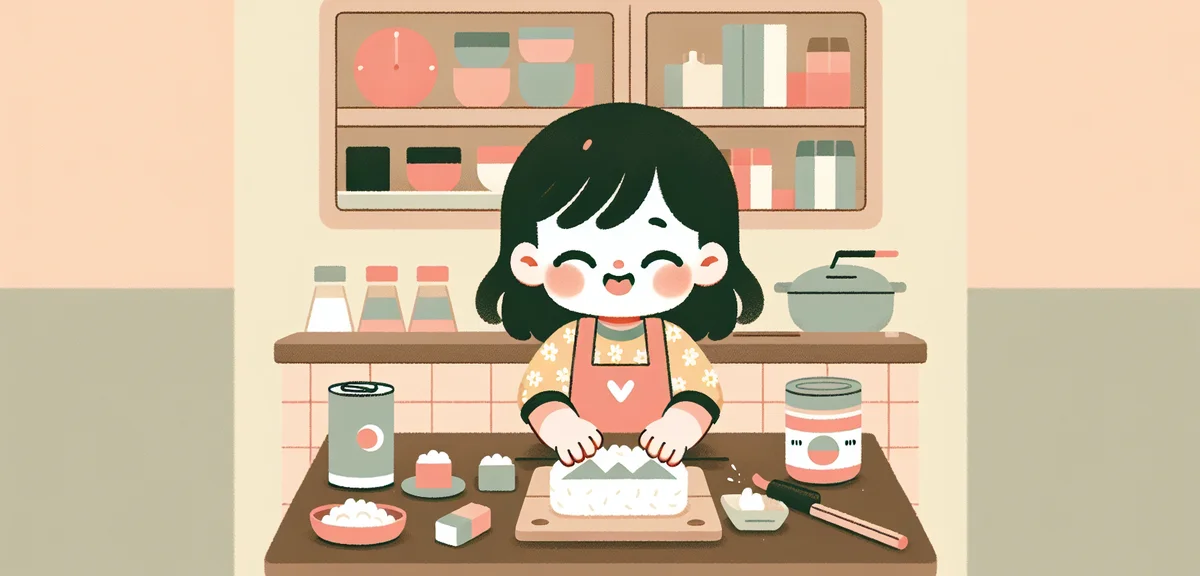 A child around 8 years old happily pressing rice into onigiri shape in a modern Japanese kitchen, we