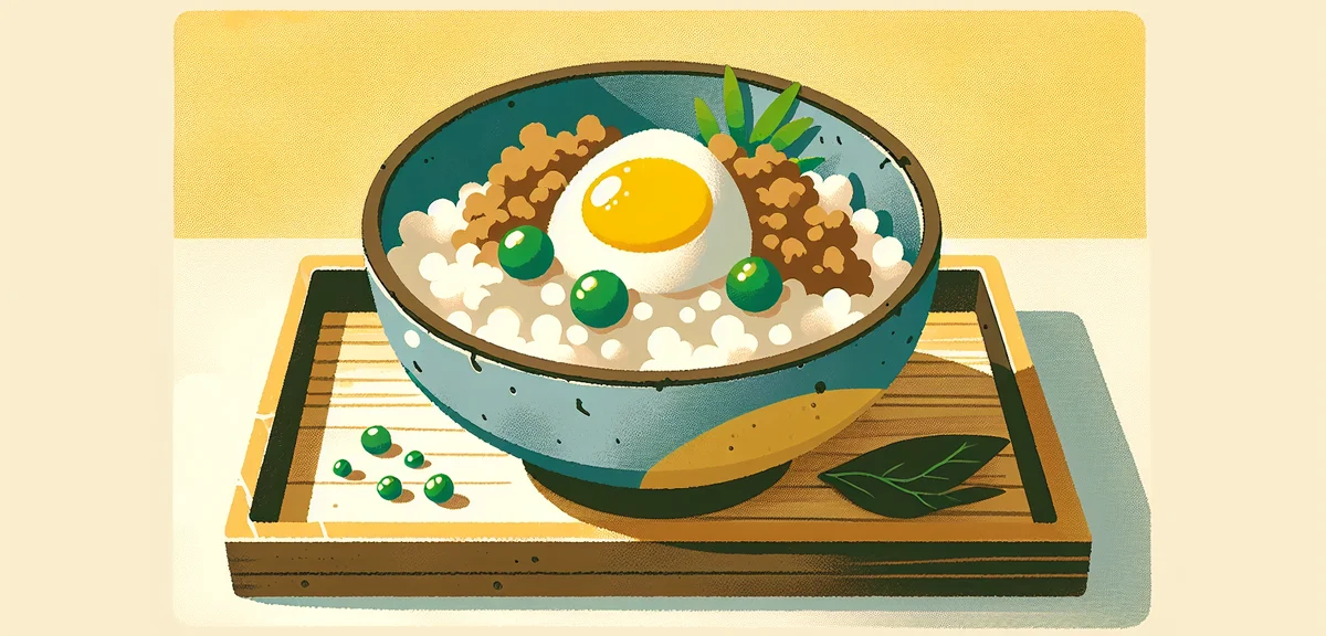 A delicious microwave soboro donburi rice bowl with seasoned ground meat and scrambled egg on white 