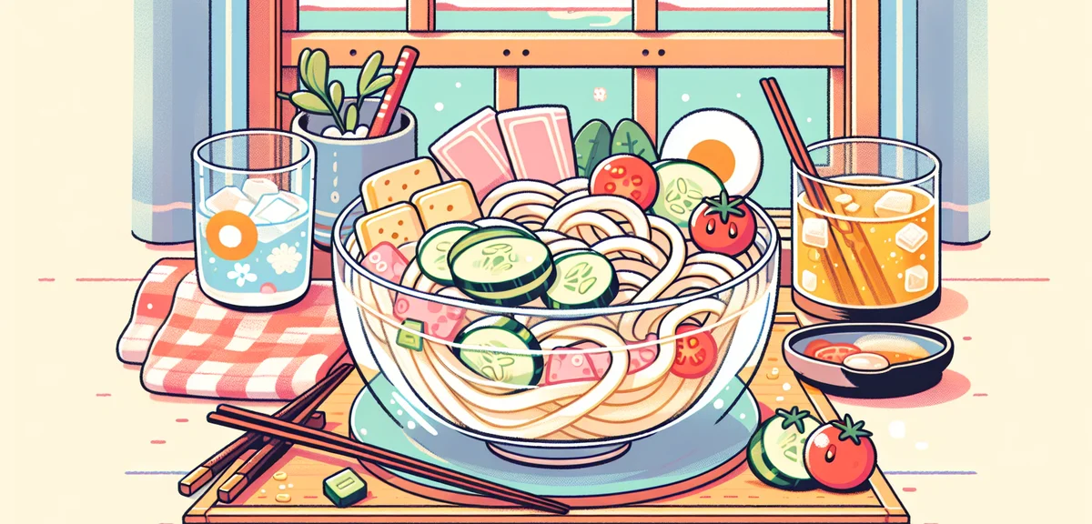 A refreshing cold udon noodle dish served in a glass bowl with sliced cucumber, ham, and cherry toma