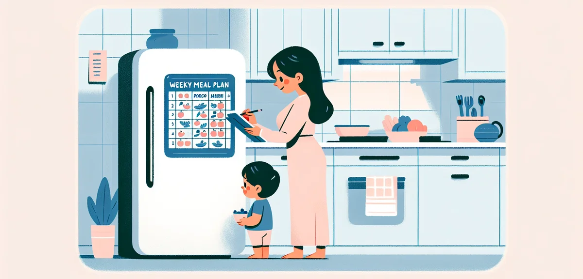 A Japanese mother and child looking at a weekly meal plan chart posted on the refrigerator, modern k