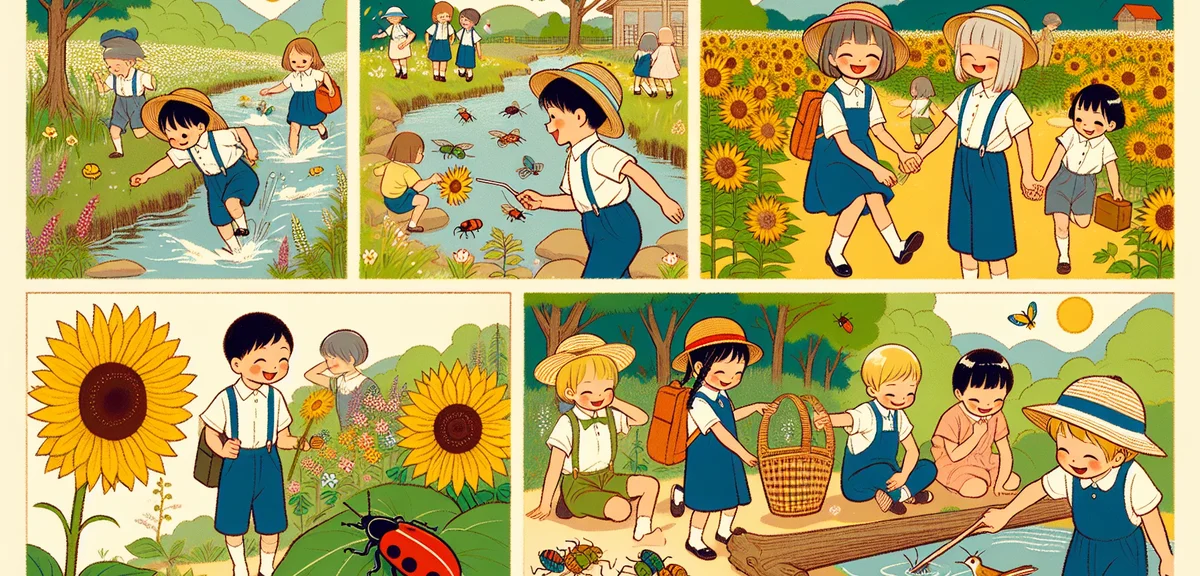 A cheerful watercolor illustration of elementary school children enjoying summer nature activities, 