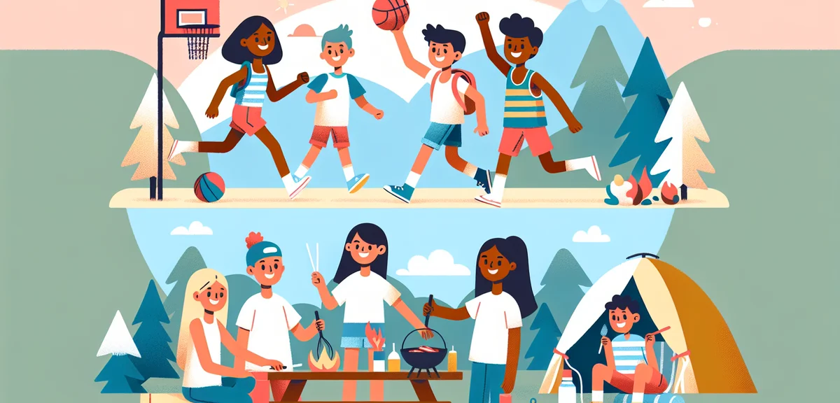 An illustration of middle school students enjoying summer, playing basketball outdoors, camping in t