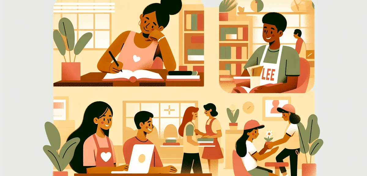 An illustration of high school students in summer, one studying at a library desk, another volunteer
