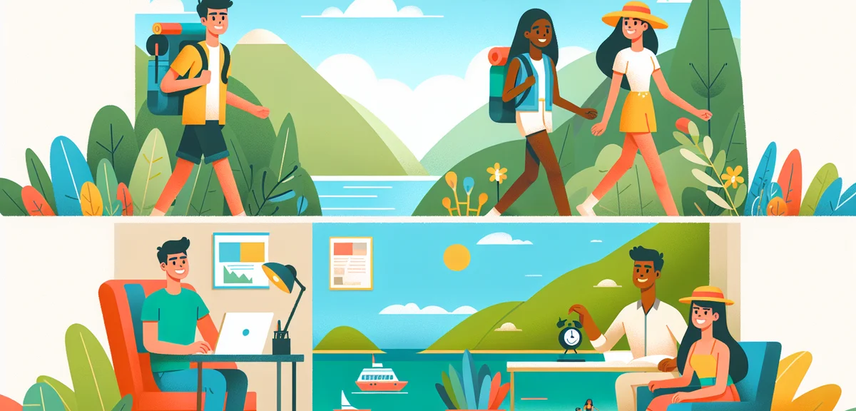 An illustration of university students enjoying summer freedom, backpacking through a scenic landsca