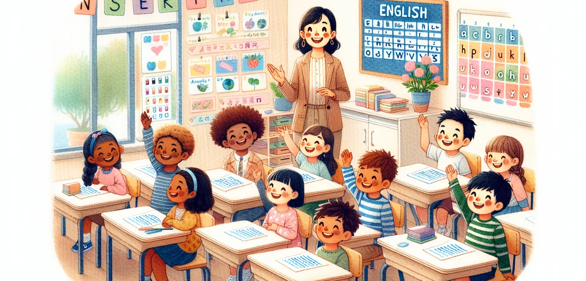 Japanese elementary school children in an English conversation class during summer, a friendly forei
