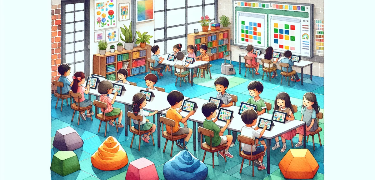 Japanese elementary school children learning programming with Minecraft on tablet devices at a summe