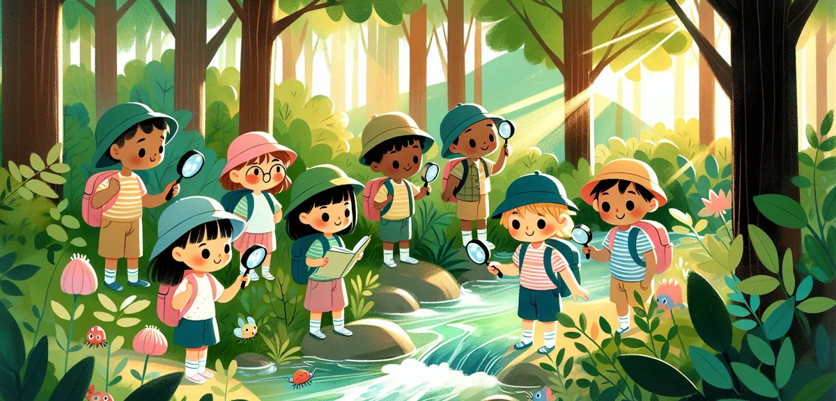 Japanese elementary school children on a nature field trip during summer school, exploring a forest 