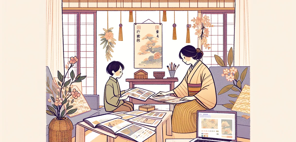 Japanese parent and child at home looking at a laptop together, researching summer school options, b