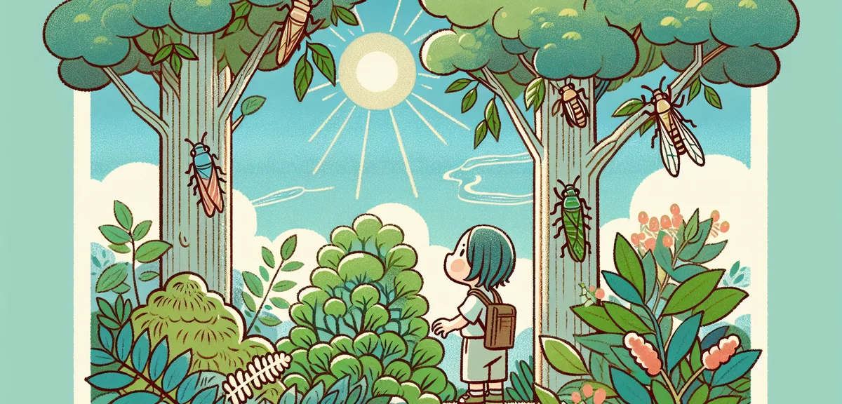 A young child outdoors in a Japanese summer garden observing cicadas on a tree trunk, bright blue sk